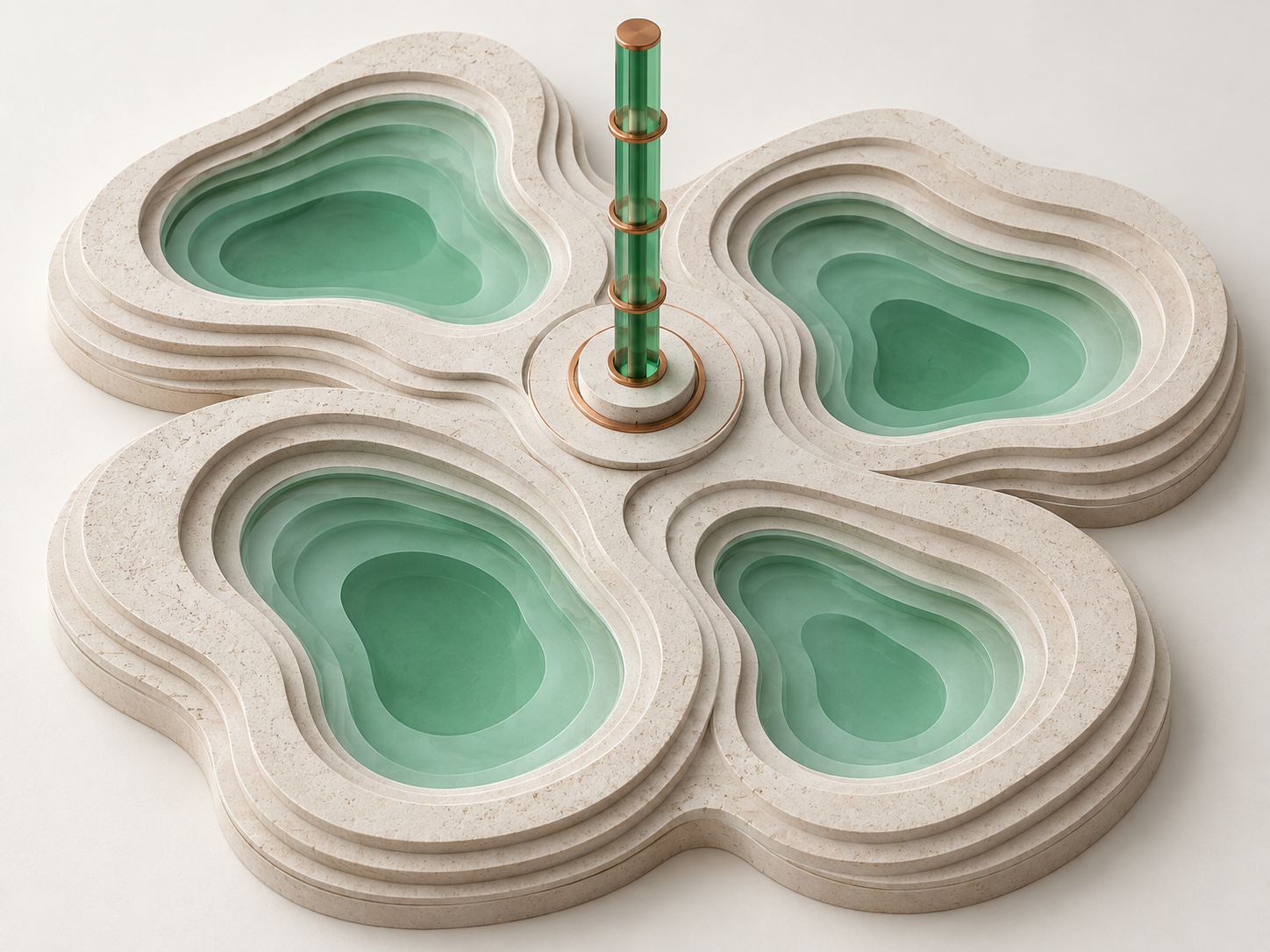 Bassins synthétiques verts disposés autour d’un axe